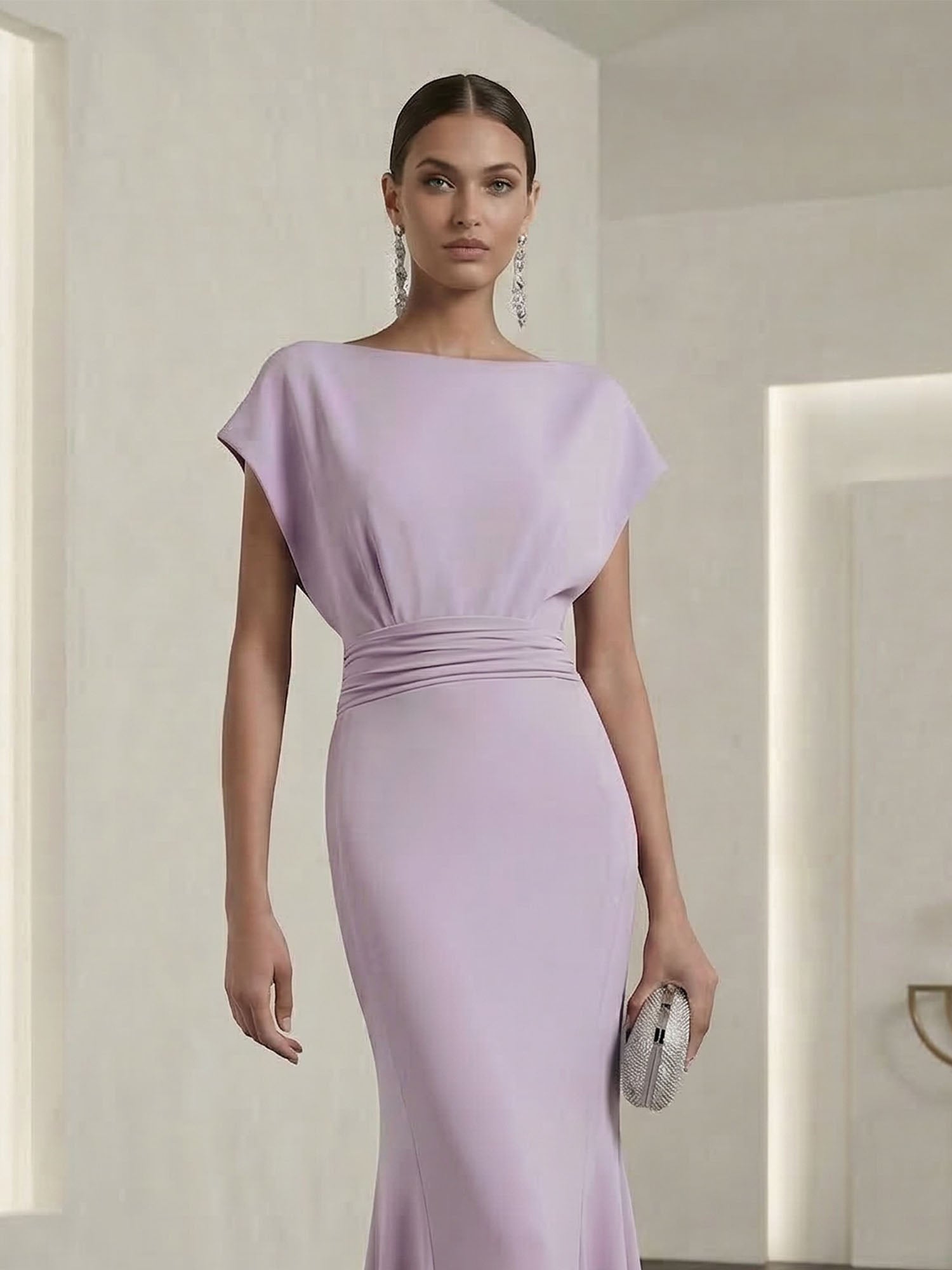Lavender Mermaid Gown Dress Ruched Classic Boat Neck Short Sleeve Raglan Sleeves