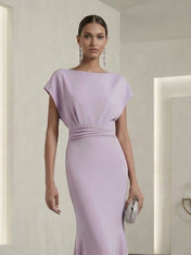 Lavender Mermaid Gown Dress Ruched Classic Boat Neck Short Sleeve Raglan Sleeves