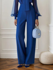 Women Royal Blue Mesh Bow Tie Neck Long Sleeve Dressy Jumpsuit