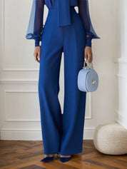 Women Royal Blue Mesh Bow Tie Neck Long Sleeve Dressy Jumpsuit
