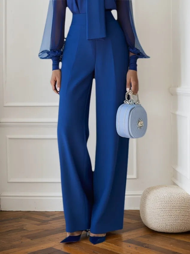 Women Royal Blue Mesh Bow Tie Neck Long Sleeve Dressy Jumpsuit