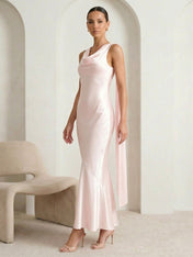 Pink V Neck Satin Mermaid Maxi Dress with Ruffle