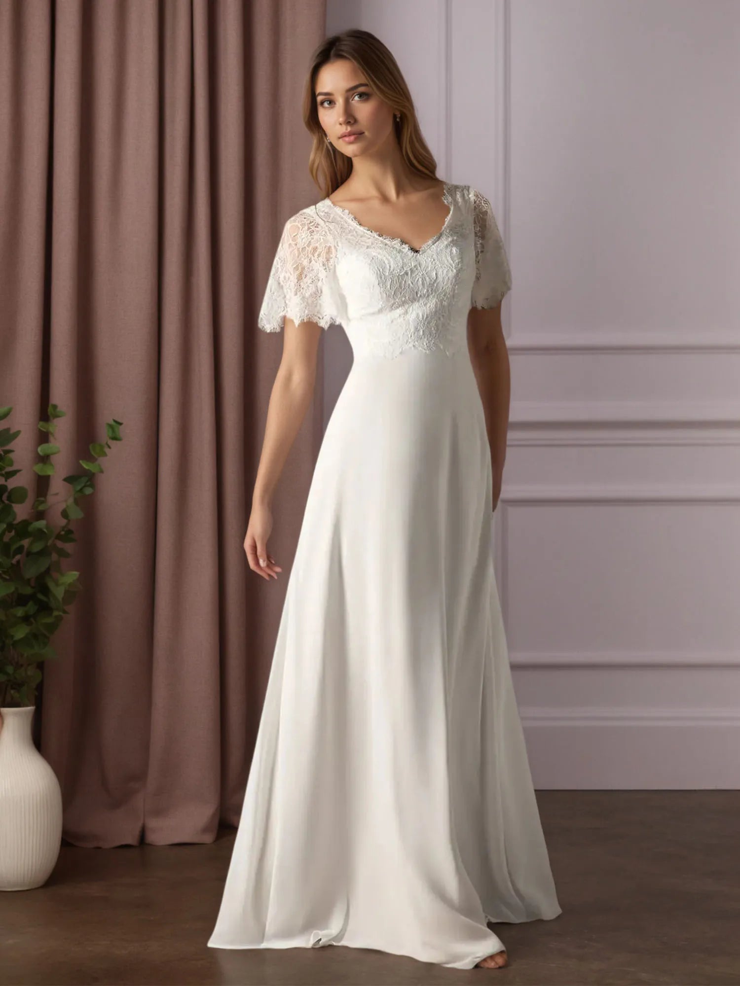 White A-Line V-Neck lace Chiffon Wedding Dress