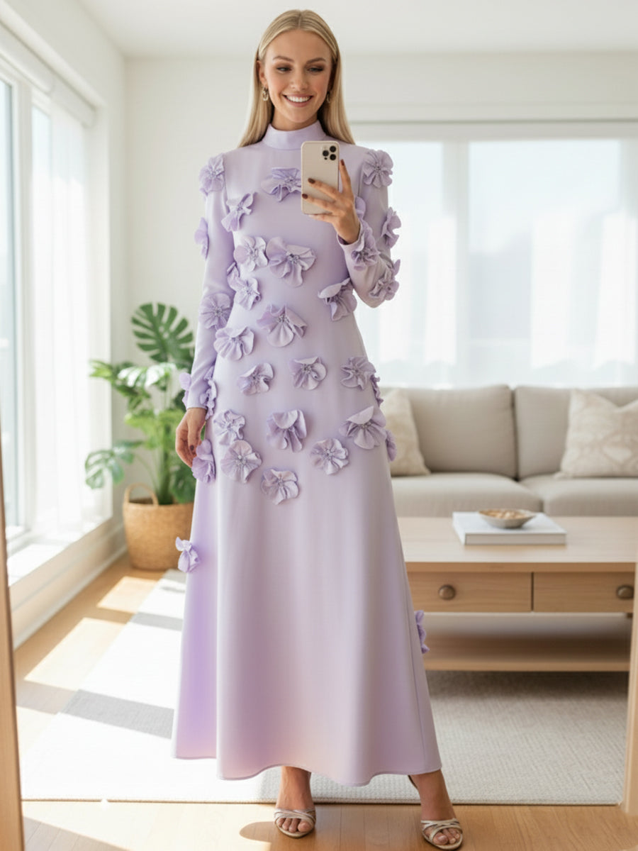 A Line High Neck Long Sleeves Floor Length Stretch Crepe Dress With 3D Flowers