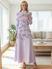 A Line High Neck Long Sleeves Floor Length Stretch Crepe Dress With 3D Flowers