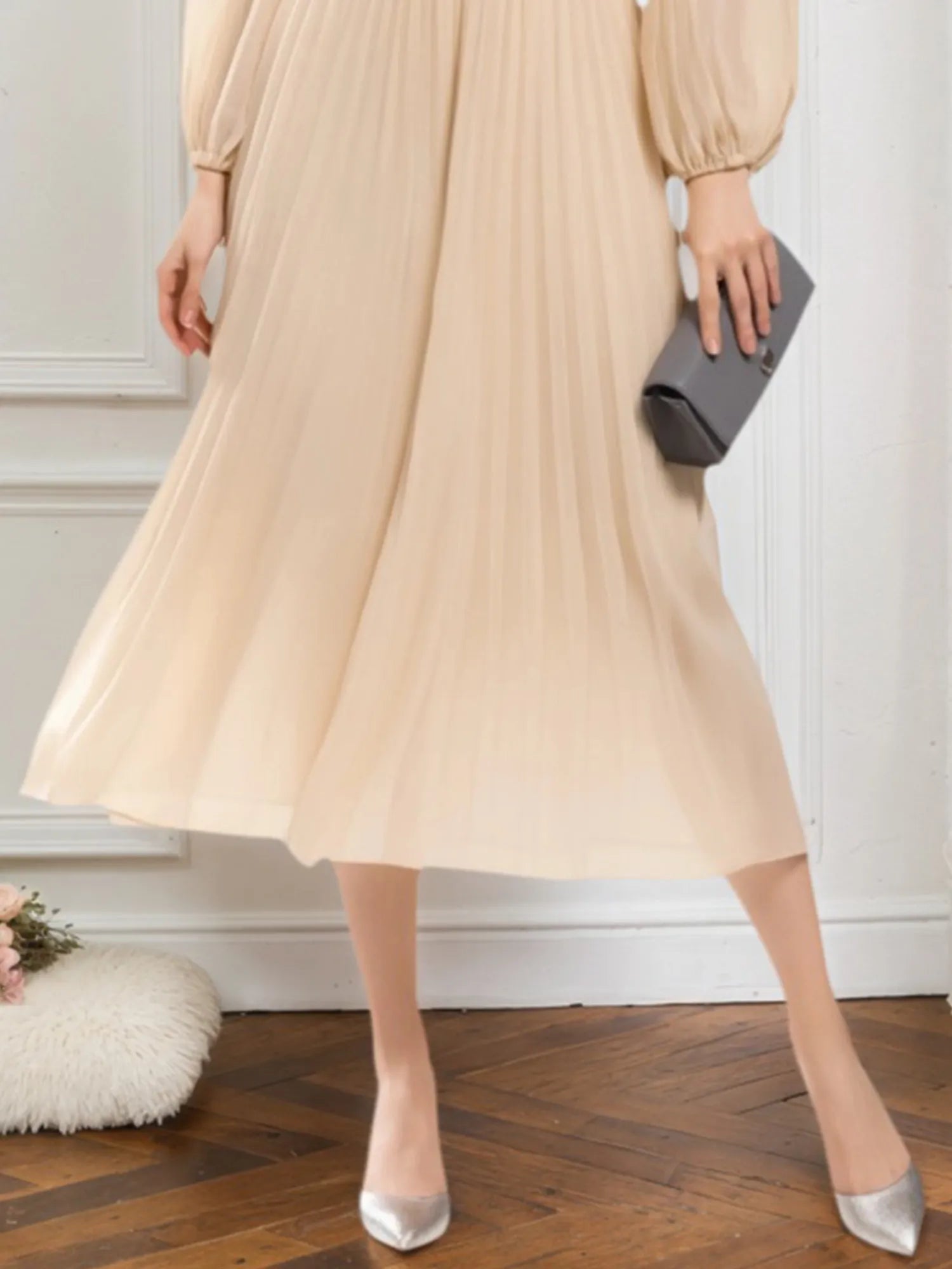Party Chiffon Dress Beige Pleated V Neck A-Line Midi Dress