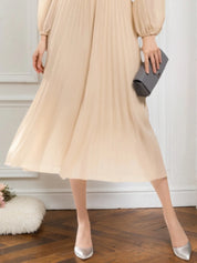 Party Chiffon Dress Beige Pleated V Neck A-Line Midi Dress