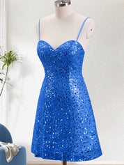 Sparkly Royal Blue Spaghetti Straps Corset Tight Short Homecoming Dress with Sequins