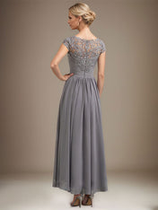 A-line Scoop Illusion Asymmetrical Lace Chiffon Mother of the Bride Dress With Pleated