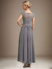 A-line Scoop Illusion Asymmetrical Lace Chiffon Mother of the Bride Dress With Pleated