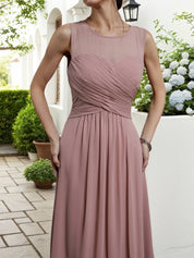 Pink Ruched Chiffon Crew Neck Sleeveless A-Line Maxi Bridesmaid Dress