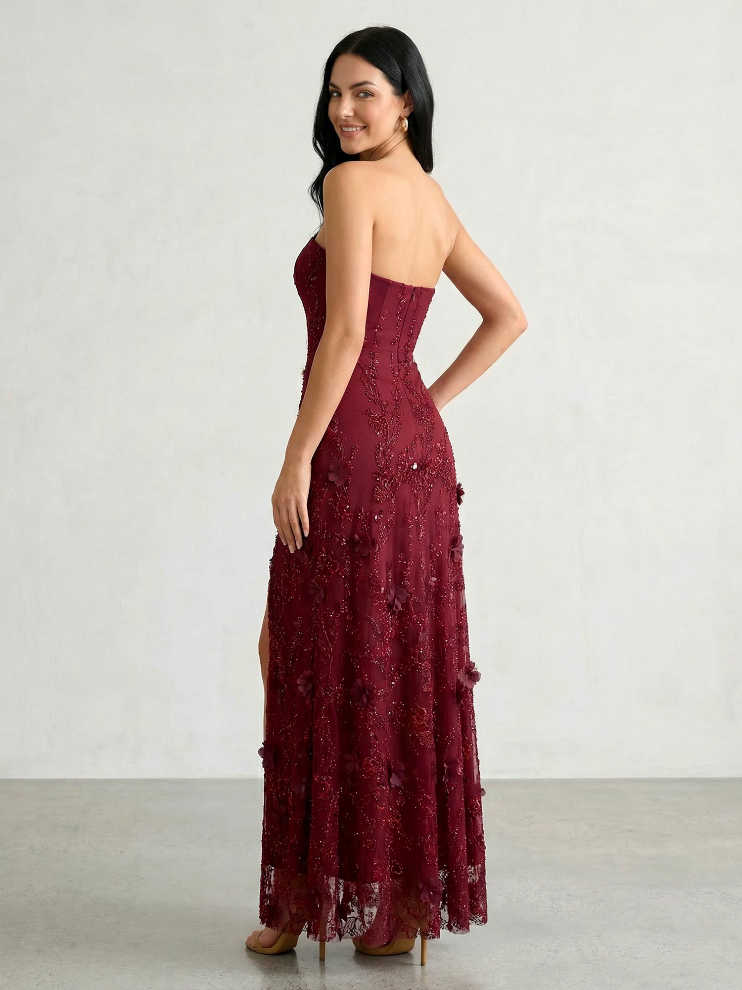 Burgundy 3D Floral Lace Strapless A-Line Gown with Side Slit