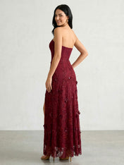 Burgundy 3D Floral Lace Strapless A-Line Gown with Side Slit
