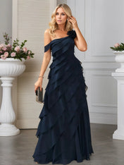 A-line One Shoulder Floor-Length Chiffon Evening Dress With Cascading Ruffles Flower