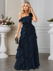 A-line One Shoulder Floor-Length Chiffon Evening Dress With Cascading Ruffles Flower