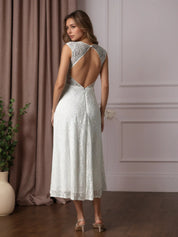 White A-Line Tea-Length Lace Wedding Dress
