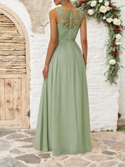 Light Green Lace Ruched Chiffon V Neck Sleeveless A-Line Maxi Dress