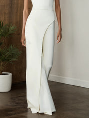 Women White Ruched One Shoulder Short Sleeve Regular Sleeve Dressy Top with Pants Two-Piece Set