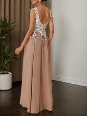 Apricot Lace Prom Dress V Neck Sleeveless A-Line Maxi Dress