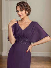 A-line V-Neck Floor-Length Chiffon Mother of the Bride Dress With Pleated Sequins Appliques Lace