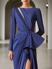 Navy Blue Cut Out Ruched Long Sleeve Slit A-Line Gown Maxi Dress