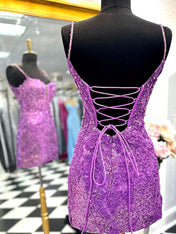 Sparkly Sequin Spaghetti Straps Lace Up Tight Homecoming Dress