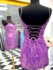 Sparkly Navy Sequin Spaghetti Straps Lace Up Tight Homecoming Dress