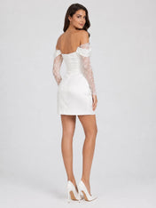 Off-the-Shoulder Lace Long Sleeve Ruched Satin Mini Wedding Dress