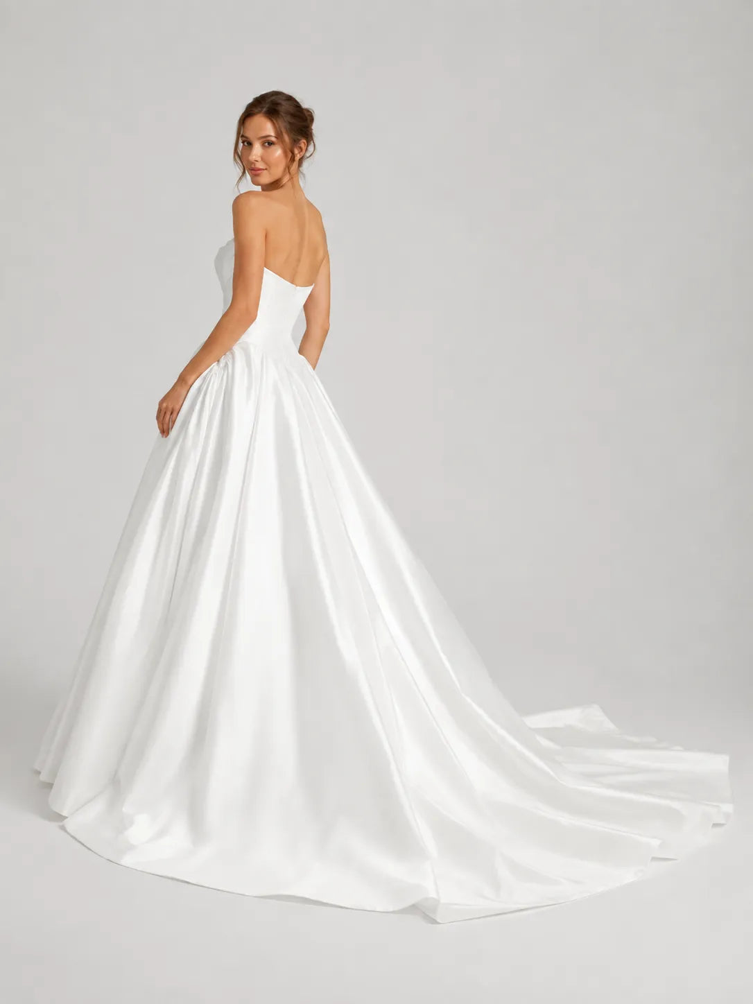 Elegant Strapless Satin Ball Gown Wedding Dress with Sculpted Bodice and Cathedral Train