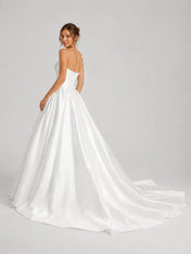 Elegant Strapless Satin Ball Gown Wedding Dress with Sculpted Bodice and Cathedral Train