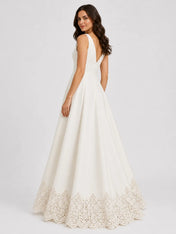 Elegant Deep V-Neck Satin A-Line Wedding Dress with Cutwork Lace Hem