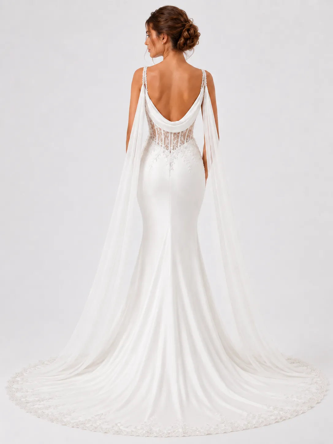 Elegant Spaghetti Strap Mermaid Wedding Dress with Draped Cowl Neck, Illusion Corset, Lace Appliqué and Chapel Train