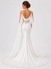 Elegant Spaghetti Strap Mermaid Wedding Dress with Draped Cowl Neck, Illusion Corset, Lace Appliqué and Chapel Train