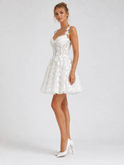 Elegant Floral Lace Strap Mini Wedding Dress with Illusion Corset Waist and Lace-Up Back