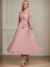 A-line Square Tea-Length Chiffon Lace Mother of the Bride Dress With Sequins Beading