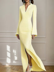 Formal Yellow V Neck Long Sleeves Floor Length Dress With Slit