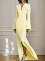 Formal Yellow V Neck Long Sleeves Floor Length Dress With Slit