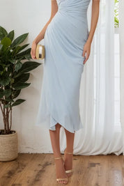 Semi-Formal Party Dress Light Blue Chiffon Cross-Over Sleeveless Midi Dress