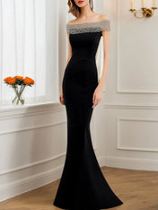 Formal Evening Dress Black Off-The-Shoulder Fitted Mermaid Maxi Gown