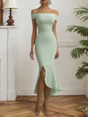 Wedding Guest Party Dress Sage Green Off The Shoulder Mermaid Midi Dress
