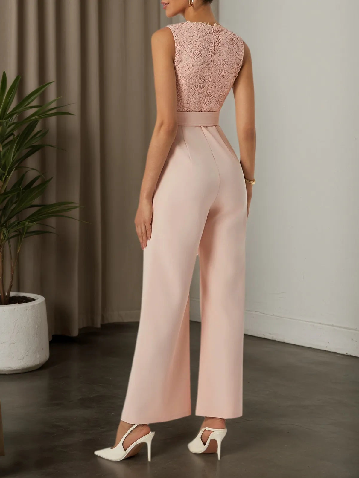 Women Pink Lace V Neck Sleeveless Ankle Length Dressy Jumpsuit