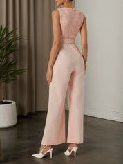 Women Pink Lace V Neck Sleeveless Ankle Length Dressy Jumpsuit