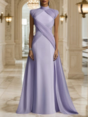 Formal Evening Dress Purple Stand Collar Pleated Train Maxi Gown