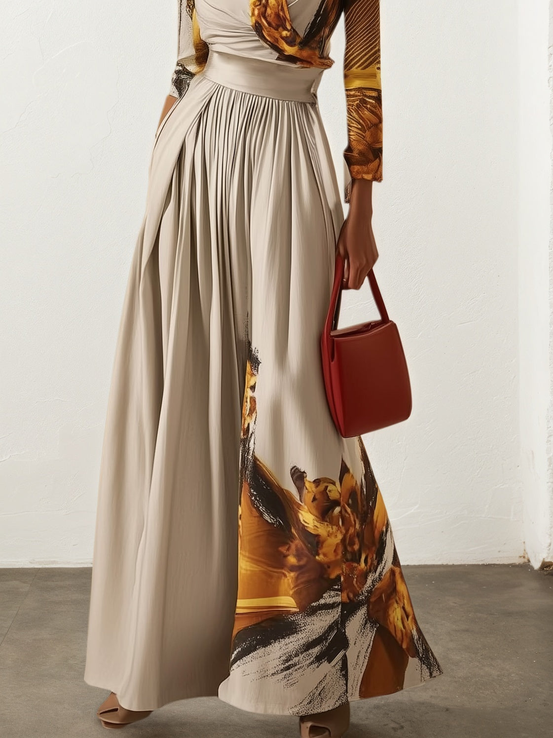 Women Light Khaki Floral V Neck Long Sleeve Wide-Leg Jumpsuit
