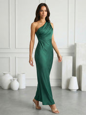 Green One Shoulder Tea Length Maxi Dresses with Pleat Mermaid Evening Dress