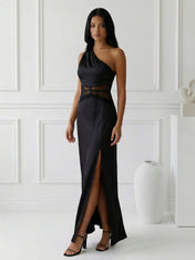 Navy Blue One Shoulder Mermaid Satin Maxi Dress with Slit