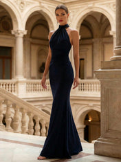 Navy Blue Halter Neck Maxi Dresses Mermaid Evening Dress