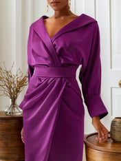 Purple Collared V Neck Long Sleeve Satin Sheath Midi Dress