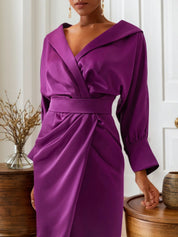Purple Collared V Neck Long Sleeve Satin Sheath Midi Dress