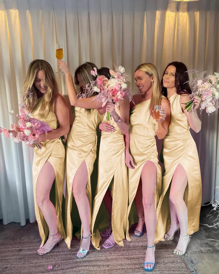 Fashion Sheath One Shoulder Pink Satin Bridesmaid Dresses